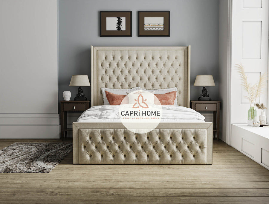 Maddison Winged Bumber Upholstered Chesterfield Bed, Winged Bed, Cream Bed, Chesterfield Bed, Beautiful Bed, Fabric Bed, Upholstered Bed